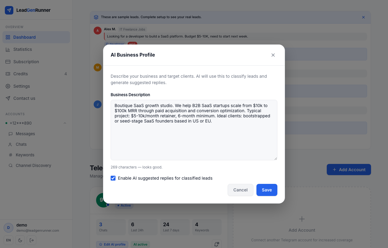 Business profile modal