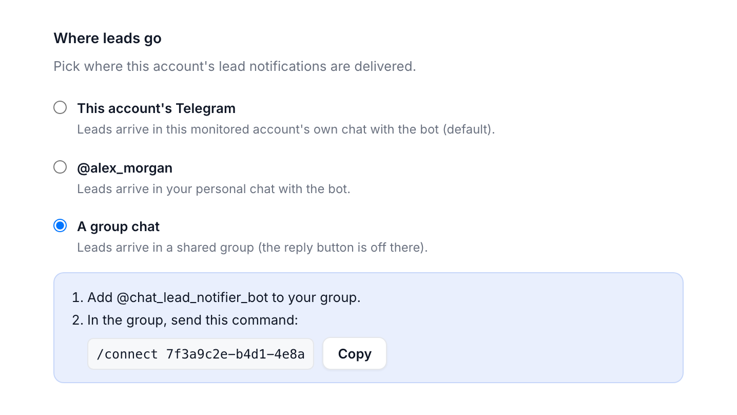 Send leads to a group with /connect